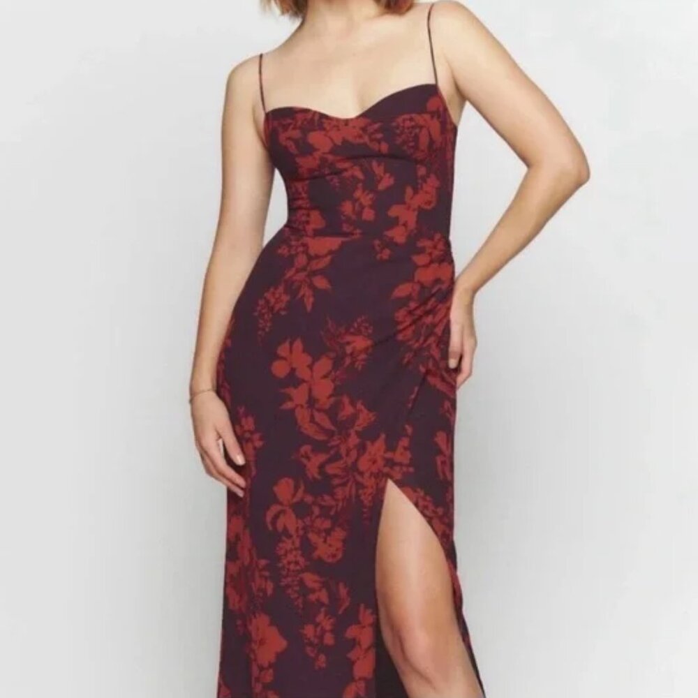 Dark Red Floral Reformation Kourtney Dress (Midi w/Tie Straps)